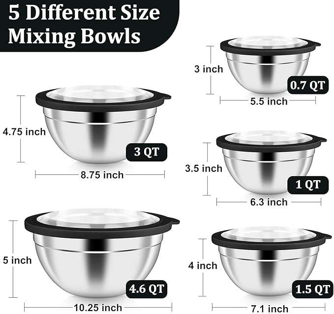 P&P CHEF Mixing Bowls with Visible Airtight Lids Set of 5, 10-Piece Stainless Steel Mixing Nesting Bowl, Metal Bowl with Lid for Kitchen Prepping & Storing, Size 4.6, 3, 1.5, 1, 0.7 QT, Black