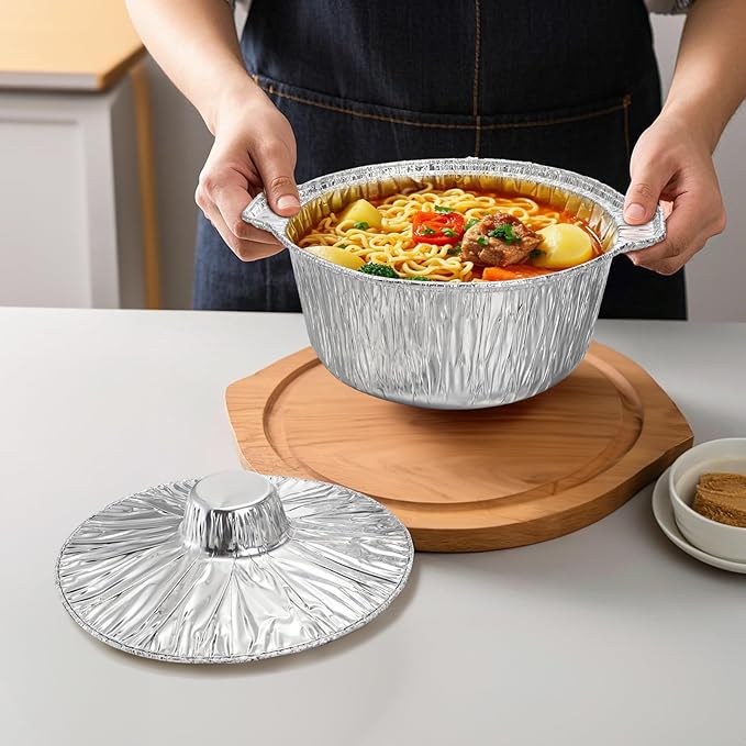 Frcctre 10 Pcs Disposable Aluminum Pot with LidS, Disposable 2 Liter Round Aluminum Foil Pan Food Container for Camping Vacation Trips Picnic Heating Cooking