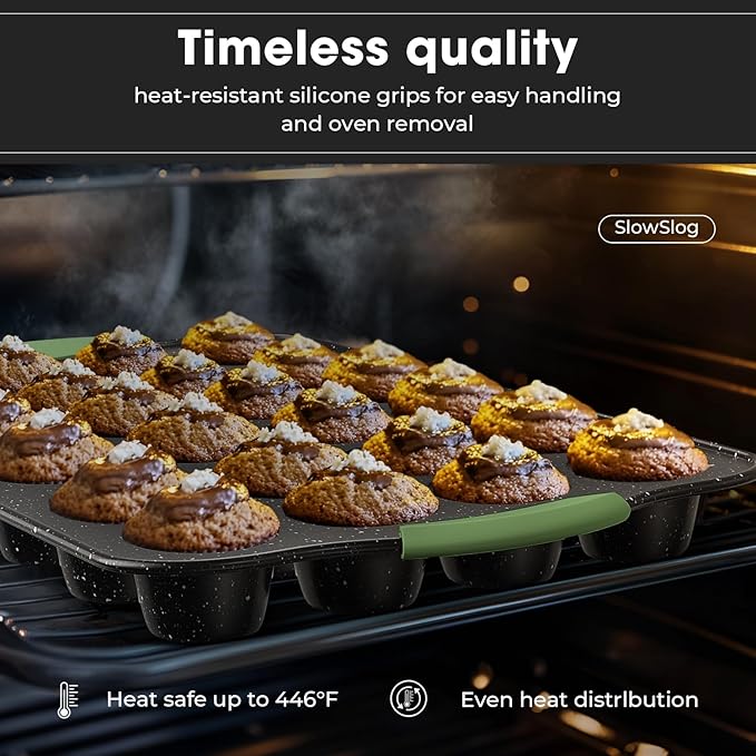 11-Piece Nonstick Bakeware Set, Stackable & Oven-Safe Kitchen Baking Pans with Silicone Handles - Includes Cookie Sheet, Cake Pan, Muffin Tin, Pizza Stone & Bread Loaf Pan, Dark Green&Black