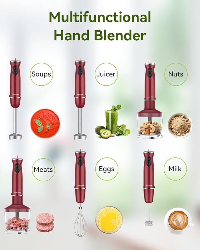 Immersion Blender 5 in 1 Hand Blender, Abuler 1000W Hand Mixer Stick,12 Speed Handheld Blender 304 Stainless Steel with 600ml Mixing Beaker, 500ml Chopper, Whisk and Milk Frother for Soup, Baby Food