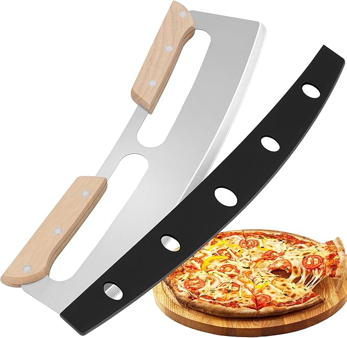 Pizza Cutter Rocker Blade with Wooden Handle, Premium 14inch Pizza Knife Rocker Cutter with Sharp Stainless Steel Blade and Protective Cover, Slicing Through Crust in One Single Rocking Motion