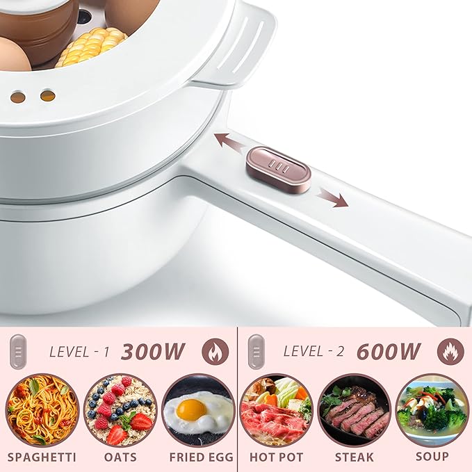 Bear Hot Pot Electric with Steamer, 1.6L Rapid Noodles Cooker, Mini Pot, Non-Stick Frying Pan for Steak, Ramen, Egg, Oatmeal, Soup with Power Adjustable