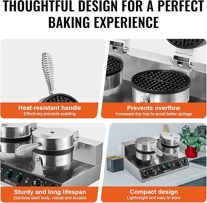 VEVOR Commercial Waffle Maker, Dual-Head Round Waffle Baker Machine, 2460W Non-Stick Stainless Steel Belgian Waffle Iron with Temp and Time Control, Handle, for Restaurant Bakery Snack Bar Family