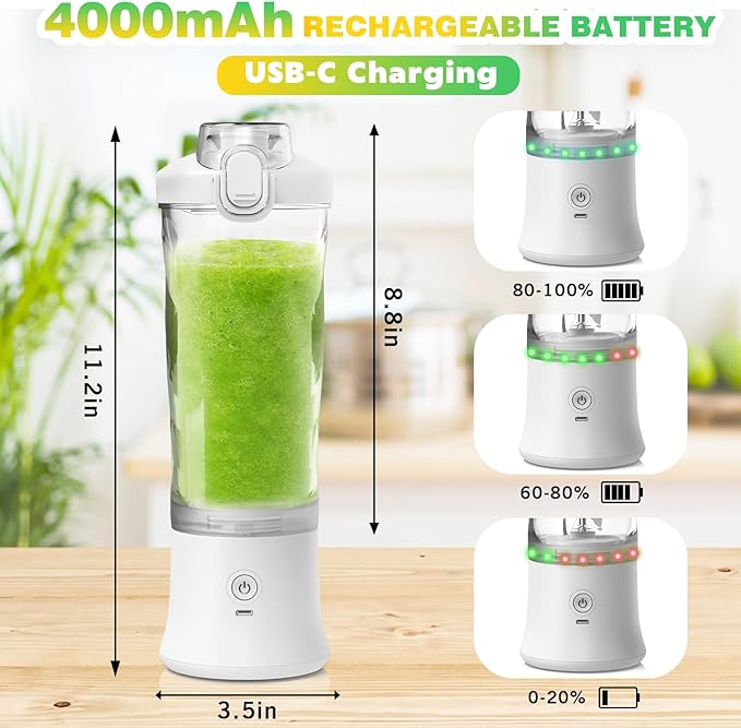 Portable Blender Personal Juicer for Shakes and Smoothies - 20 OZ Electric Protein Shaker Bottle with Insulated Sleeve, Travel Lid, USB-C Rechargeable - Mini Small Blender Cup for Kitchen, Office, Gym
