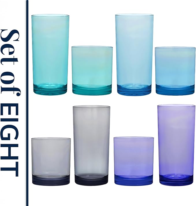 US Acrylic Classic Plastic Reusable Drinking Glasses (Set of 8) 12oz Rocks & 16oz Water Cups in Coastal Colors | BPA-Free Tumblers, Made in USA | Top-Rack Dishwasher Safe
