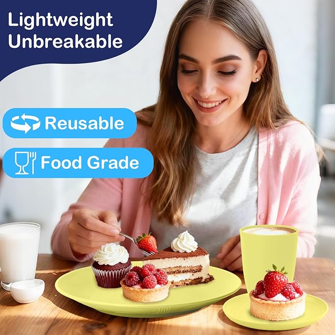 Wheat Straw Dinnerware Set 40-Piece Service for 8 Unbreakable Dishes Set Plates and Bowls Sets Drinking Glasses Microwave Safe Dish Set Lightweight Dinnerware Set for Home & Kitchen - Yellow