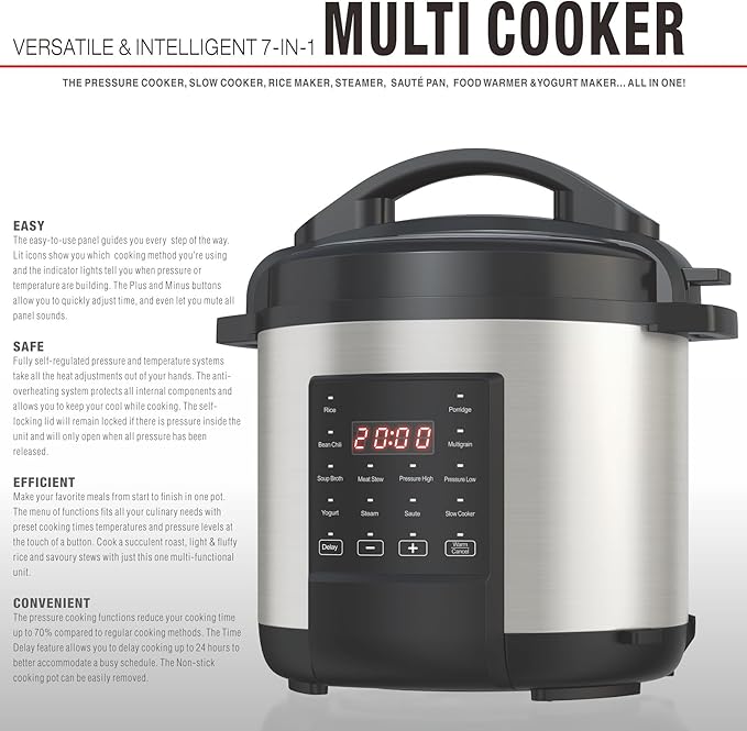 EMB Ironblade 7-in-1 Multi Cooker, 6-Liter, 1000W Stainless Steel Programmable Pressure Cooker, Slow Cooker, Rice Maker, Steamer, Sauté Pan, Food Warmer, Yogurt Maker