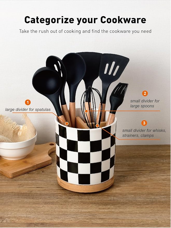 LoeJan 3 Compartment Utensil Holder, Extra Large Utensil Crock, Stable Ceramic Utensil Organizer, Cooking Tool Organizer Set for Kitchen Counter Farmhouse Decor (G-Black(Square))