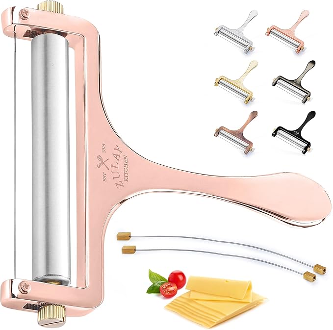 Zulay Adjustable Cheese Slicer - Wire Slicer for Mozzarella, Cheddar, Gouda - Heavy Duty With 2 Extra Wires (Rose Gold)