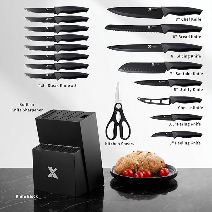 XANAPON 19-Piece Black Kitchen Knife Set with Block and Built-in Sharpener, High Carbon Stainless Steel Chef Knives Set for Kitchen with 8 Steak Knives, Ergonomic Handles, Perfect Housewarming Gift