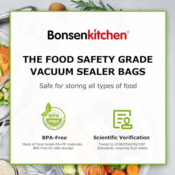Bonsenkitchen Vacuum Sealer Bags, 11" x 20' Rolls 2 Pack for Food Storage Saver, Bpa Free, Heavy Duty, Commercial Grade Textured Food Roll, Customized Size Bag for Sous Vide Cooking, VB3207