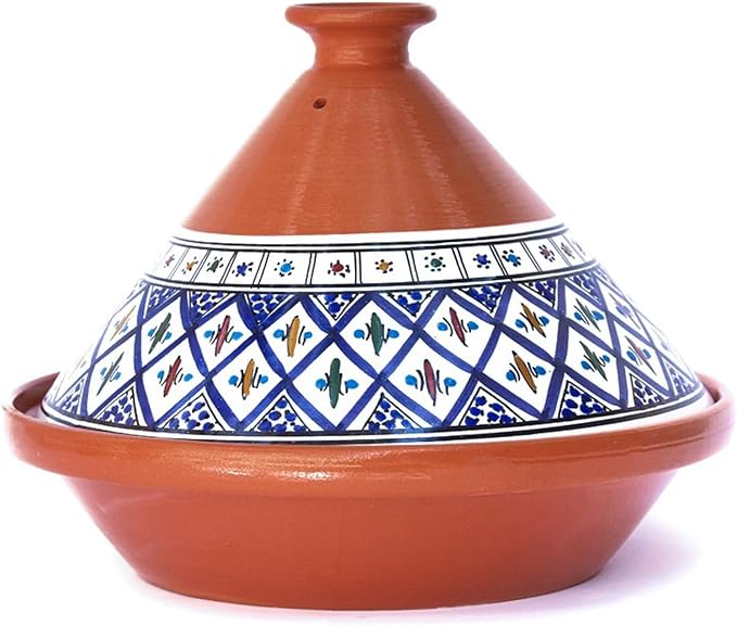 Kamsah Tagine Pot for Cooking and Flavor Enrichment - Large Clay Pot 12”, 5.5 QT - Non-Stick Handmade Cookware - Moroccan Ceramic Pots for Cooking with Lid & Serving Bowl - Bohemian Classic Blue