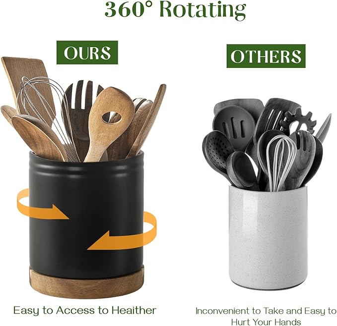DOWAN 7.6" 360° Rotating Utensil Holder, Kitchen Utensil Holder for Countertop, Ceramic Utensil Crock, Large Cooking Utensil Caddy for Kitchen Counter, Protection Cork Bottom, Black