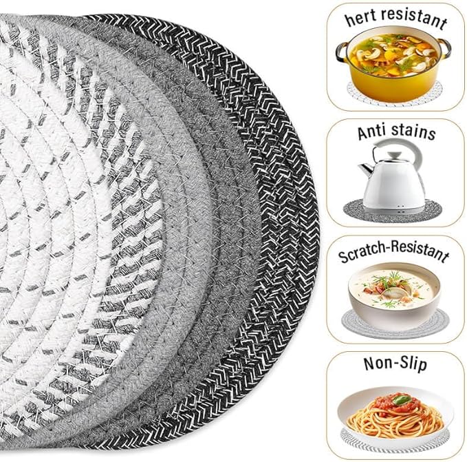 Tidponra Trivet Mats Set for Hot Dishes, 5 Heat Resistant Pot Holders Kitchen Counter, Table, Home Essentials, Anti Stain Hot Pads Plate Mats for Hot pots and Pans, 7 Inches