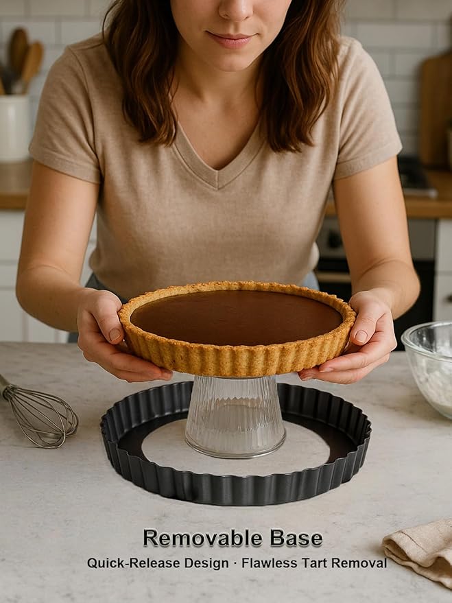 9 Inch Quiche Tart Pans with Pie Cake Server. Removable Bottom, Non-Stick Coating, Rugged Carbon Steel for Tart Quiche Baking. Gift for Women Wife Christmas Thanksgiving Party Festival Family
