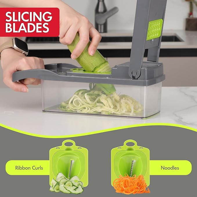 Ourokhome Vegetable Chopper Onion Cutter, 14 in 1 Professional Mandolin Slicer for Kitchen, Multifunctional Food Chopper for Potato, Tomato, Veggie with Strainer Basket, 10 Blades, Gray