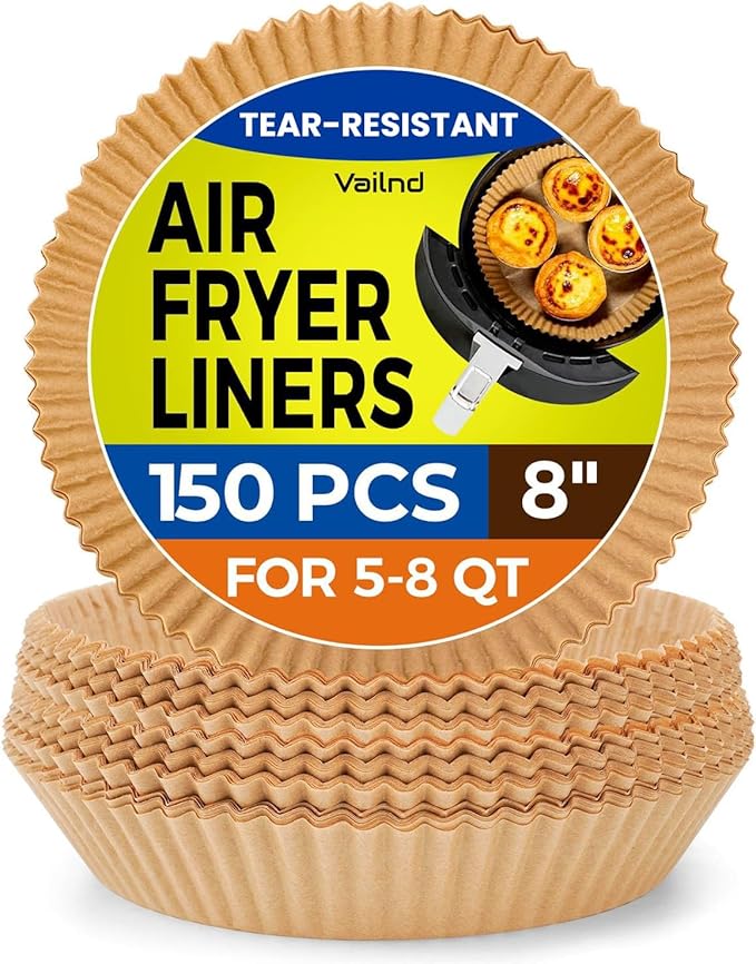 Vailnd Air Fryer Liners Disposable for Ninja, 150 Pcs 8" Round Airfryer Paper Liner Heavy-Duty, Non-Stick and Grease-Proof Parchment Paper Sheets for 5-8 qt Basket Air Fryers Oven Steamer