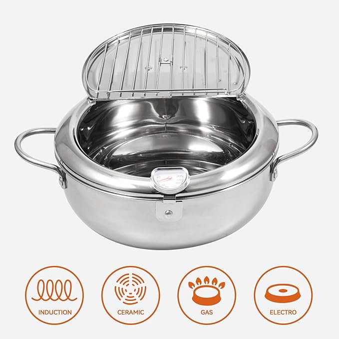 Kerilyn Deep Fryer Pot, 11 Inch/4.2 L Janpanese Style Tempura Frying Pot with Lid, 304 Stainless Steel with Temperature Control and Oil Drip Drainer Rack, for Kitchen French Fries, Chicken etc