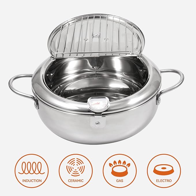 Kerilyn Deep Fryer Pot, 9.4 Inch/3.4 L Janpanese Style Tempura Frying Pot with Lid, 304 Stainless Steel with Temperature Control and Oil Drip Drainer Rack, for Kitchen French Fries, Chicken etc