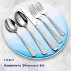 Yoehka 60-Piece Hammered Silverware Set for 12, Stainless Steel Flatware Set with Roman Column Handles, Mirror Polished Cutlery/Utensils Set for Home, Restaurant, Hotel, Dishwasher safe
