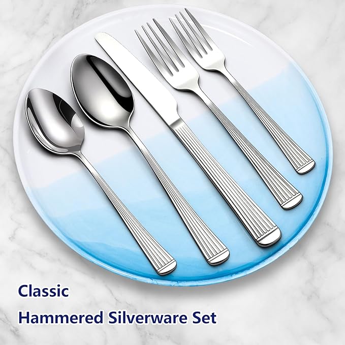 Yoehka 60-Piece Hammered Silverware Set for 12, Stainless Steel Flatware Set with Roman Column Handles, Mirror Polished Cutlery/Utensils Set for Home, Restaurant, Hotel, Dishwasher safe