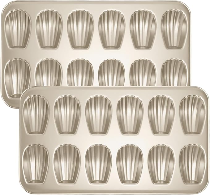 Madeleine Pans Set of 2, Nonstick 12-Cavity Madeleines Mold Cookie Tray for Baking, Heavy Duty Warp Resistant Cute Shell Shape Madeleine Mold Cake Pan-Gold