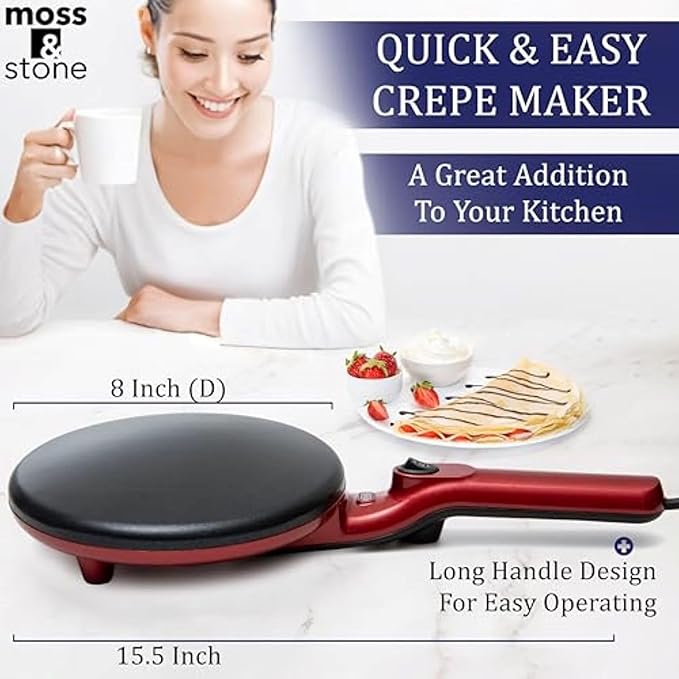 Moss & Stone Electric Crepe Maker 8 Inch, Portable Crepe Maker & Hot Plate Cooktop On/Off Switch, Nonstick Coating, Dual Temperature Setting, Easy To Use For Pancakes, Blintz, Chapati