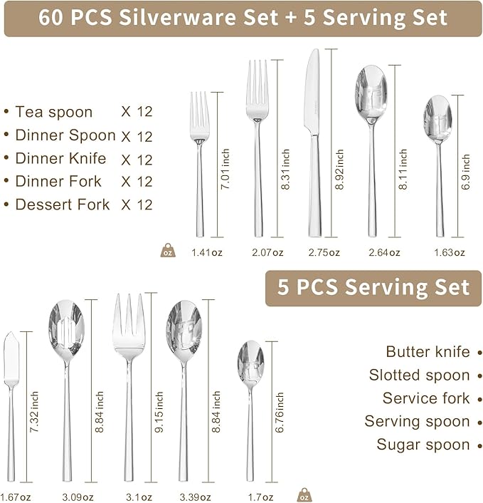 KINGSTONE 65-Piece Silverware Set with Serving Utensils, Forged Flatware Set Cutlery Set Premium Stainless Steel, Service for 12, for Home, Wedding, Party, Mirror Polished and Dishwasher Safe