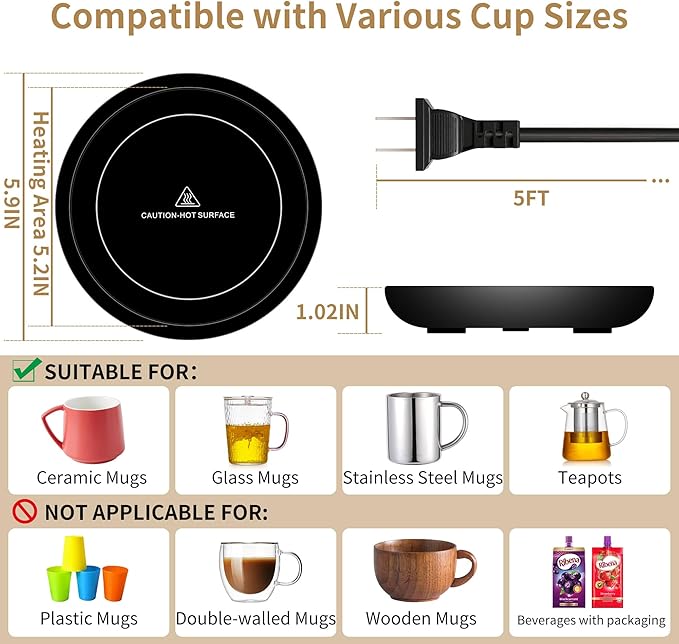 Coffee Mug Warmer for Desk 4H Auto Shut Off, Smart Coffee Cup Warmer with 3 Temperature Setting, Electric Mug Warmer Plate for Coffee, Milk, Tea (Black)