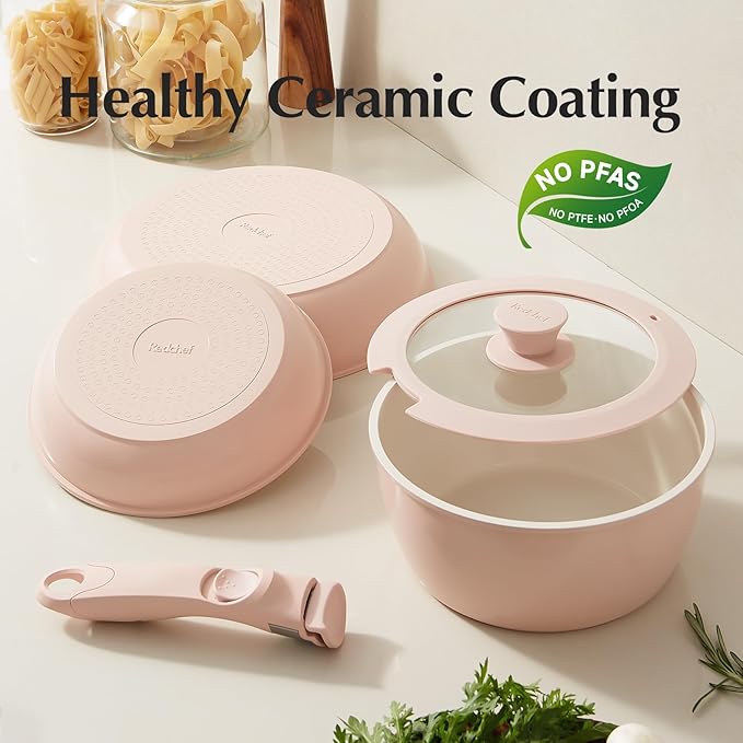 Redchef Pans and Pots Set Nonstick, Ceramic Cookware Set with Detachable Handles 16Pcs, Induction Dishwasher Oven Safe Kitchen Cooking Set, PFAS PFOA & PTFE Free, Pink