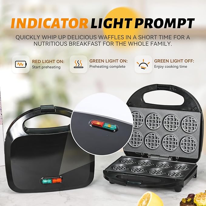 Waffle Maker, Mini Waffle Maker Machine Nonstick with Quick Heat-Up Make 8 pcs Waffles,Waffle Maker for Kids, Suitable for Good Breakfast Snack Dessert