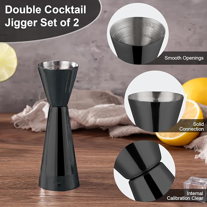 Briout Jigger for Bartending, Double Cocktail Jigger Japanese Premium 304 Food Grade Stainless Steel Jigger 2 OZ 1 OZ with Measurements Inside, Flat Edge Black