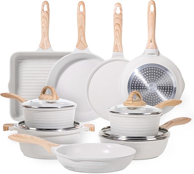 JEETEE 23pcs Pots and Pans Set Non Stick, White Cookware Sets for Kitchen, w/Frying Pans, Saucepans, Sauté & Griddle & Crepe Pan, Induction Cooking Pots (PFOA/PFAS Free)