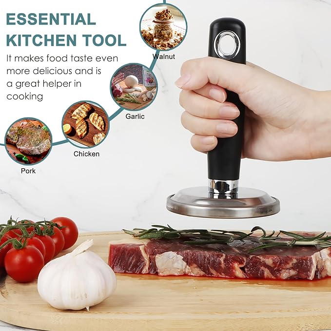 KAYCROWN Meat Pounder Tenderizer, Stainless Steel Kitchen Meat Tenderizer Hammer, Round Chicken Flattener Tool with Comfortable-Grip Rubber Handle for Flattening Cutlets and Tenderizing Meat