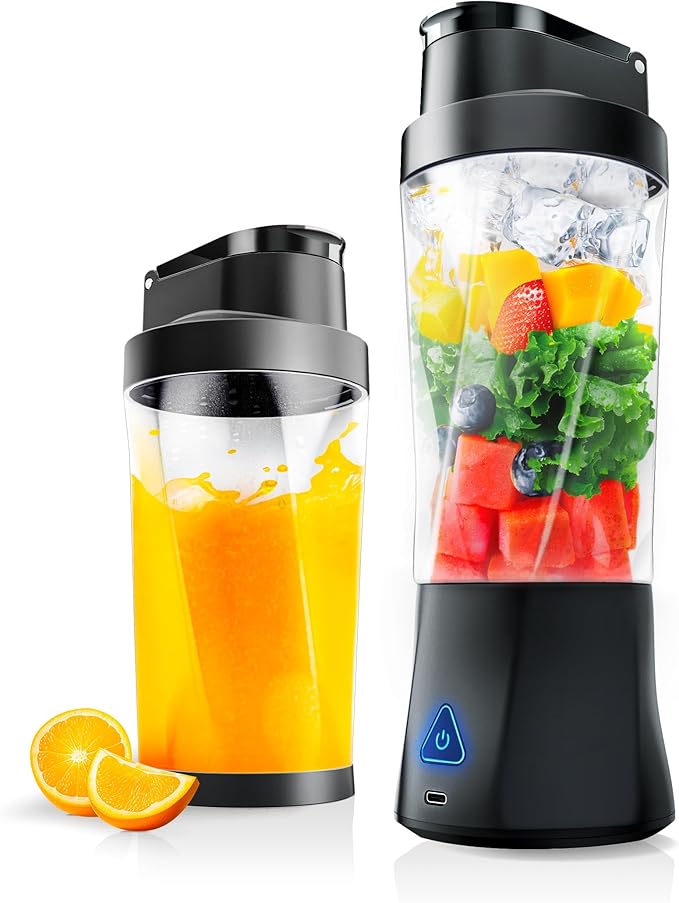 Portable Blender, Cordless, 24oz. Vessel, Personal Blender-for Shakes & Smoothies, BPA Free, Leakproof-Lid & Sip Spout, USB-C Rechargeable & Self Cleaning - Travel with 6 Sharp Blade, Black
