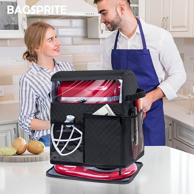 BAGSPRITE Stand Mixer Cover with Detachable Appliance Sliders Base Compatible with KitchenAid Mixer-Storage Bag for 4.5/5 Quart with Pockets for Kitchen Aid Accessories and Attachments