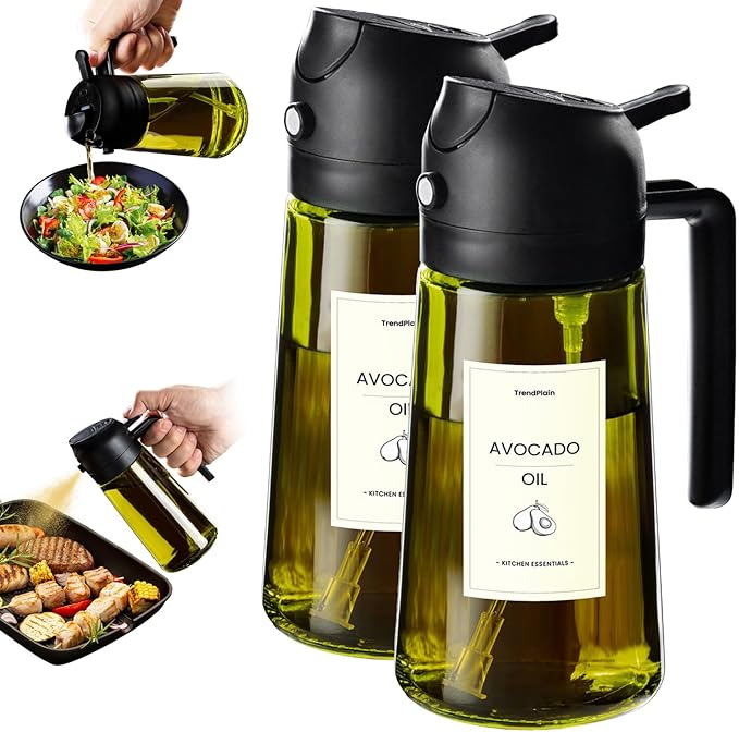 TrendPlain - Original 16oz/470ml Olive Oil Dispenser Bottle for Kitchen Gadgets and Air Fryer Accessories - Olive Oil Sprayer for Cooking w/Stickers - 2 Black