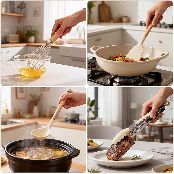 Silicone Cooking Utensil Set,12 PCS Cooking Cookware Kitchen Utensils Set for Cooking, Nonstick 446°F Heat-Resistant Cookware Kitchen Tools of Spoon,Brush,Whisk,Spatula,Turner Tongs (Khaki)