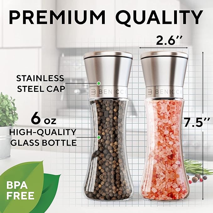 Premium Salt and Pepper Grinder Set of 2 - Two Refillable Stainless Steel Sea Salt & Spice Shakers with Adjustable Coarse Mills - Easy Clean Ceramic Grinders w/BONUS Silicone Funnel & Cleaning Brush