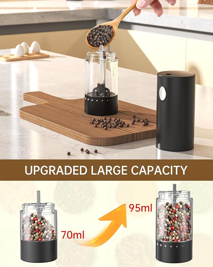 CIRCLE JOY Electric Salt and Pepper Grinder Set Rechargeable Salt and Pepper Mills with 6-Level External Adjustable Coarseness, White LED Light and Storage Base, Black