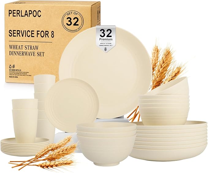 Wheat Straw Dinnerware Sets for 8, 32 PCS Unbreakable Plates and Bowls Sets, Kitchen Dish Set - Dinner Plate/Dessert Plate/Cereal Bowl/Cup, for Outdoor Camping RV Apartment Essentials - Beige
