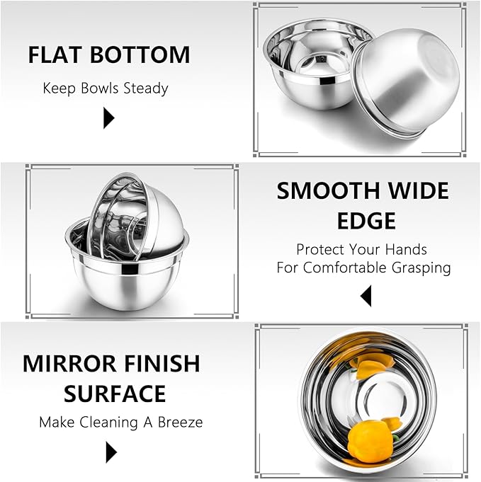 P&P CHEF Khaki Mixing Bowls with Lids, Set of 3, Stainless Steel Salad Nesting Bowl for Mixing, Storing, Prepping, Airtight & Stackable, Size 4.6/3 /1.5 QT