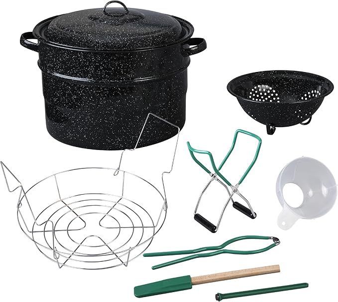 Granite Ware 9 Piece Enamelware Water bath Canning Pot with Canning kit, Colander and Rack. Canning Supplies Starter Kit.