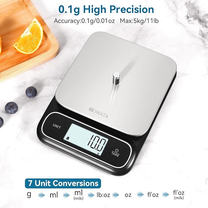 BOMATA Waterproof IPX6 Kitchen Scale, 0.1 g/0.01 oz High Precision, 5 kg/11 lbs, Digital Scale with Backlight, Stainless Steel Weighing Platform, for Food, Cooking, Baking, Weight Loss.. B619, Grey