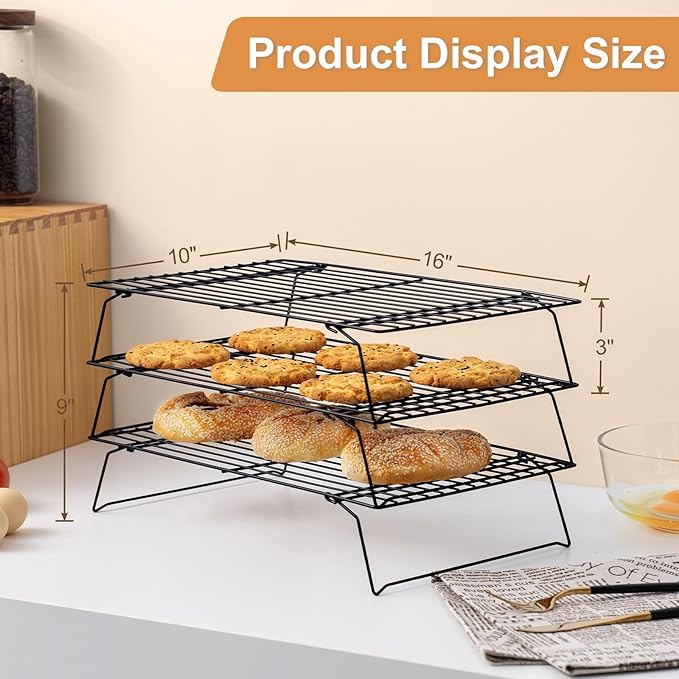 Cooling Rack for Baking 3 Tiers, 16" x 10" Cookie Cooling Wire Rack Stackable Collapsible Nonstick, Stainless Steel Baking Cooking Cooling Racks with Optimum Air Flow, Black