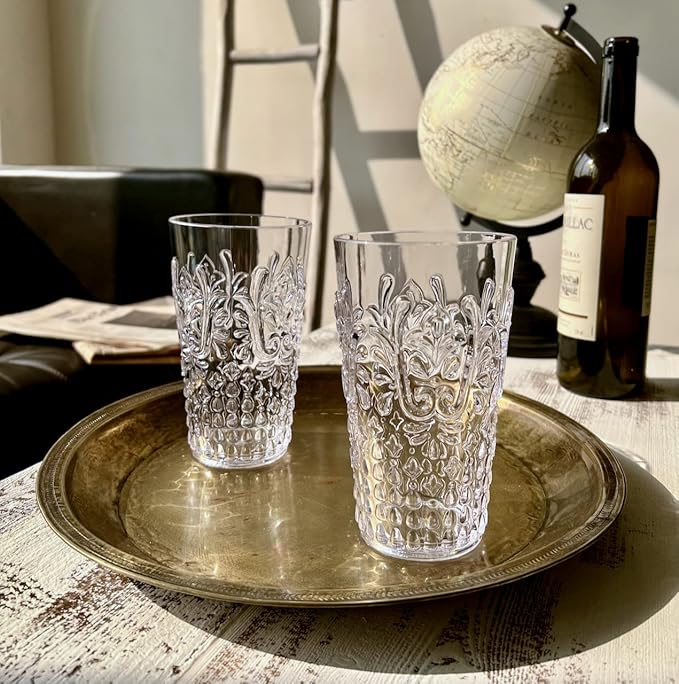 KLIFA- BLOIS- 15.2 & 20.5 ounce, Set of 8, Acrylic Tumbler & Highball Drinking Glasses Cups, BPA-Free, Stackable Plastic Drinkware, Dishwasher Safe, Vintage Looking Cups, Clear