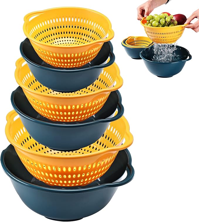 6 Pieces Colander with bowl, Food Strainer for Pasta Veggies and Fruits, BPA Free, Dishwasher Safe (blue)