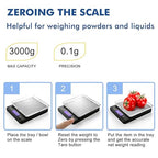 KitchenTour Digital Kitchen Gram Scale - 3000g/0.1g - High Accuracy Precision Food Scale with 9 Units(g/oz/ml/lb/lb:oz/gn/ozt/DWT/ct) - Meat Scale with Back-Lit LCD Display(Batteries Included)