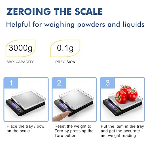 KitchenTour Digital Kitchen Gram Scale - 3000g/0.1g - High Accuracy Precision Food Scale with 9 Units(g/oz/ml/lb/lb:oz/gn/ozt/DWT/ct) - Meat Scale with Back-Lit LCD Display(Batteries Included)