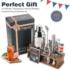 HMYBAR® 22-pc Cocktail Shaker Set(24oz/700ml) | Mixology Bartender Kit | Bar Tool Set | Martini Making Set with 39-Recipe Cocktail Cards & Kit's Deco, Bamboo Stand Brown Color, Silver Tools